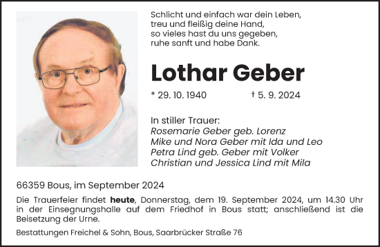 Traueranzeige von Lothar Geber von saarbruecker_zeitung