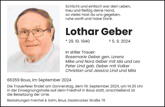 Traueranzeige von Lothar Geber von saarbruecker_zeitung