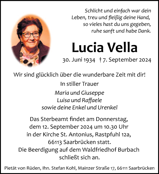 Traueranzeige von Lucia Vella von saarbruecker_zeitung