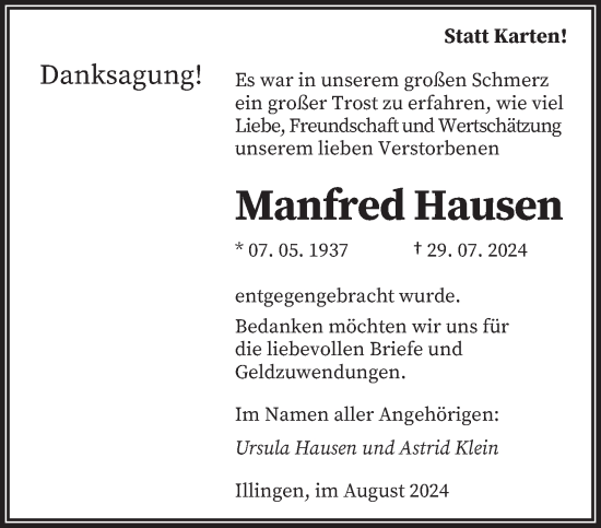 Traueranzeige von Manfred Hausen von saarbruecker_zeitung