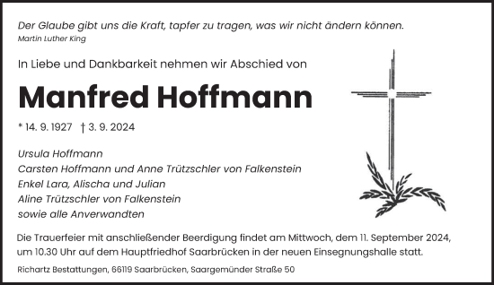 Traueranzeige von Manfred Hoffmann von saarbruecker_zeitung