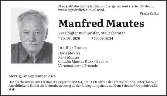 Traueranzeige von Manfred Mautes von saarbruecker_zeitung