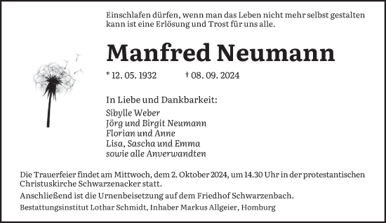 Traueranzeige von Manfred Neumann von saarbruecker_zeitung