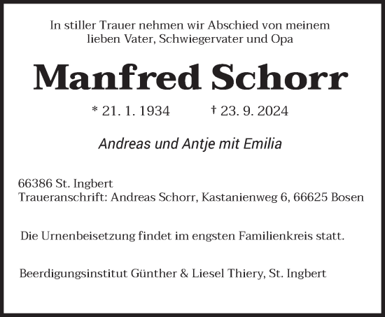 Traueranzeige von Manfred Schorr von saarbruecker_zeitung