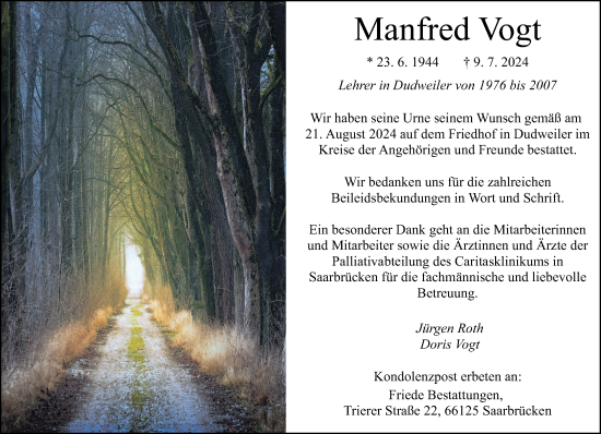 Traueranzeige von Manfred Vogt von saarbruecker_zeitung