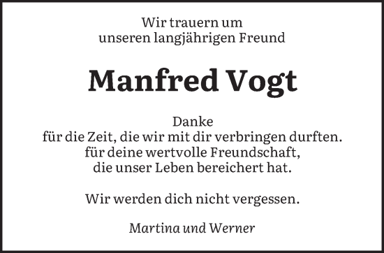 Traueranzeige von Manfred Vogt von saarbruecker_zeitung