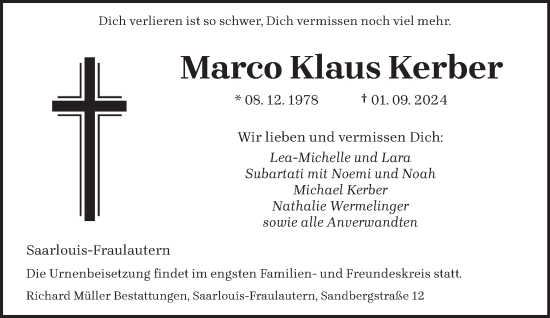 Traueranzeige von Marco Klaus Kerber von saarbruecker_zeitung