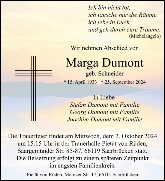 Traueranzeige von Marga Dumont von saarbruecker_zeitung