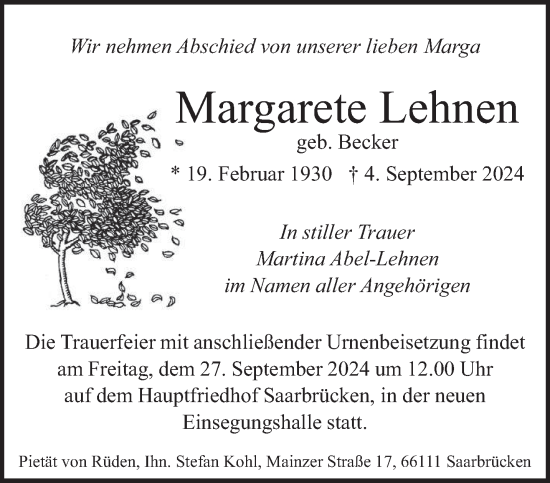 Traueranzeige von Margarete Lehnen von saarbruecker_zeitung