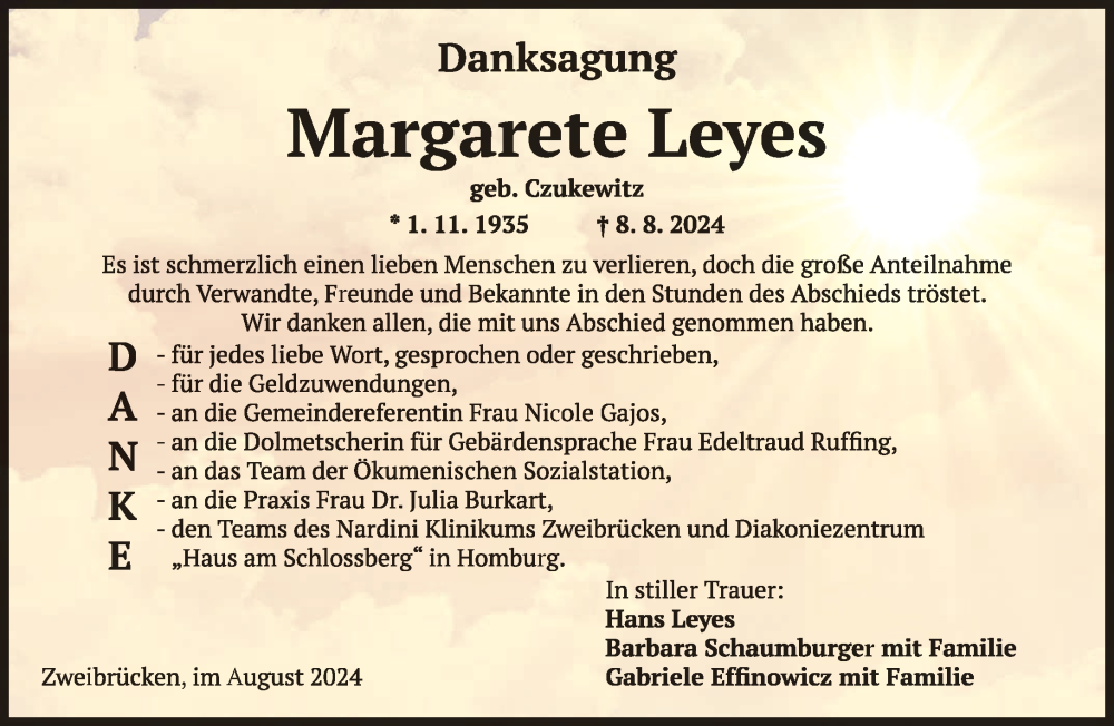  Traueranzeige für Margarete Leyes vom 31.08.2024 aus saarbruecker_zeitung