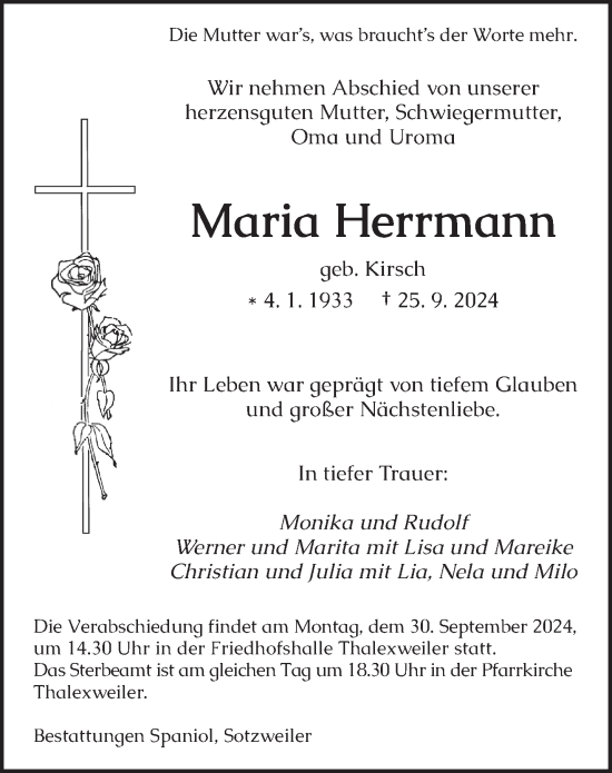 Traueranzeige von Maria Herrmann von saarbruecker_zeitung