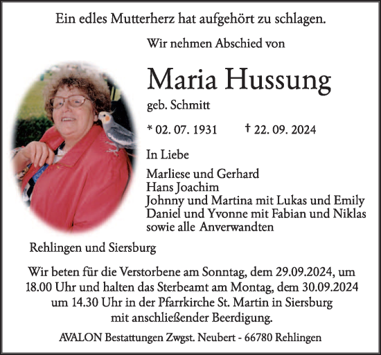 Traueranzeige von Maria Hussung von saarbruecker_zeitung