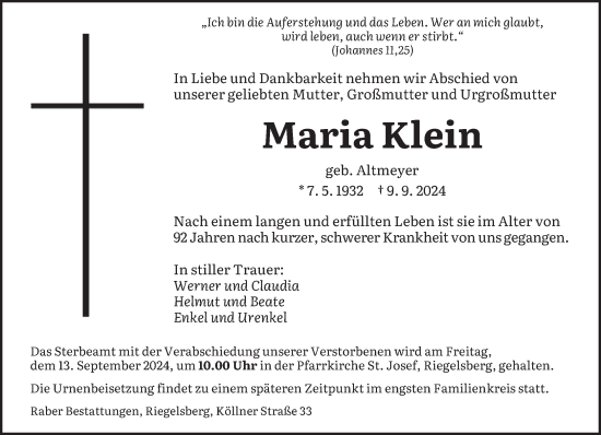 Traueranzeige von Maria Klein von saarbruecker_zeitung