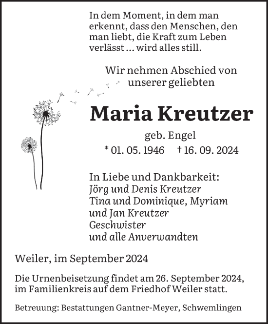 Traueranzeige von Maria Kreutzer von saarbruecker_zeitung