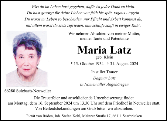 Traueranzeige von Maria Latz von saarbruecker_zeitung