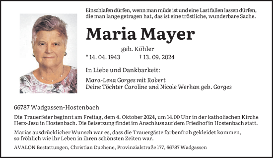 Traueranzeige von Maria Mayer von saarbruecker_zeitung