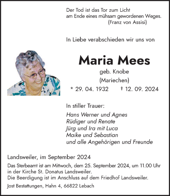 Traueranzeige von Maria Mees von saarbruecker_zeitung