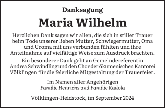 Traueranzeige von Maria Wilhelm von saarbruecker_zeitung