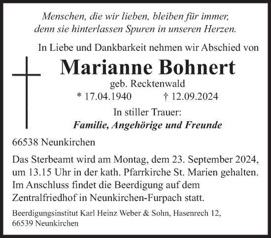 Traueranzeige von Marianne Bohnert von saarbruecker_zeitung