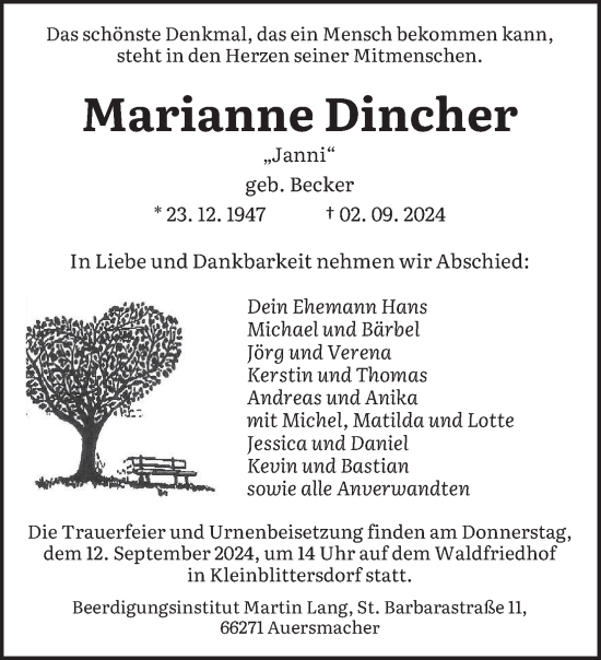 Traueranzeige von Marianne Dincher von saarbruecker_zeitung