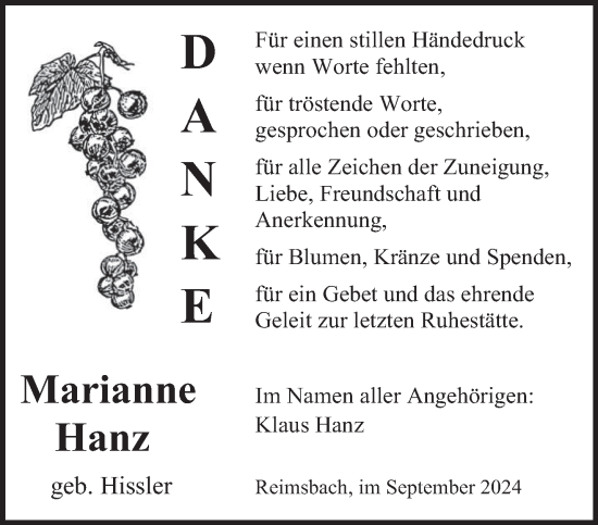 Traueranzeige von Marianne Hanz von saarbruecker_zeitung