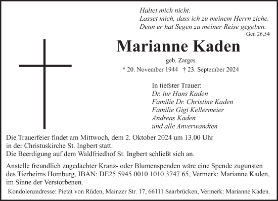 Traueranzeige von Marianne Kaden von saarbruecker_zeitung