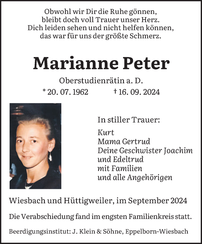  Traueranzeige für Marianne Peter vom 21.09.2024 aus saarbruecker_zeitung