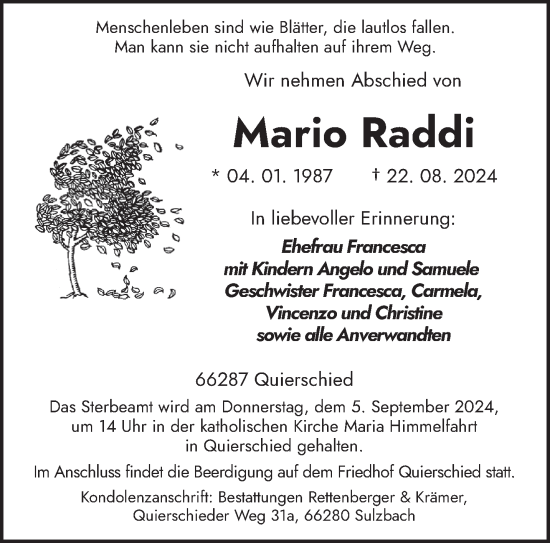 Traueranzeige von Mario Raddi von saarbruecker_zeitung