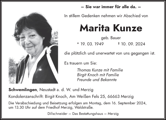 Traueranzeige von Marita Kunze von saarbruecker_zeitung