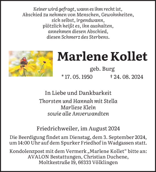 Traueranzeige von Marlene Kollet von saarbruecker_zeitung