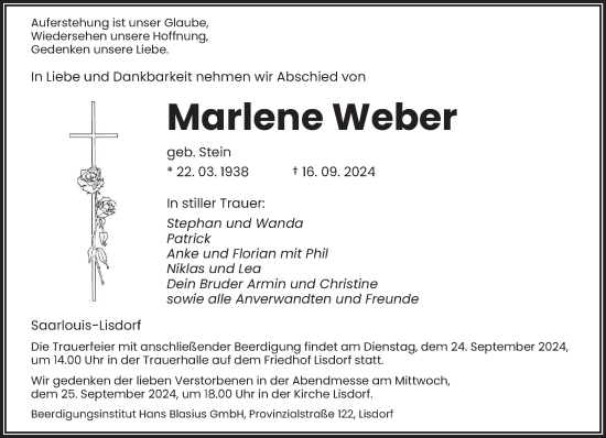 Traueranzeige von Marlene Weber von saarbruecker_zeitung