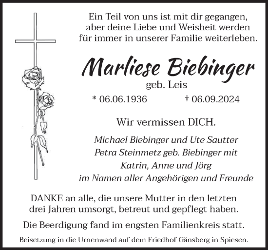 Traueranzeige von Marliese Biebinger von saarbruecker_zeitung