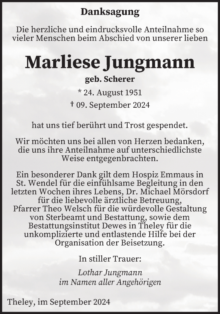  Traueranzeige für Marliese Jungmann vom 28.09.2024 aus saarbruecker_zeitung