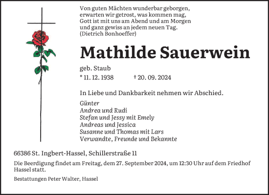 Traueranzeige von Mathilde Sauerwein von saarbruecker_zeitung