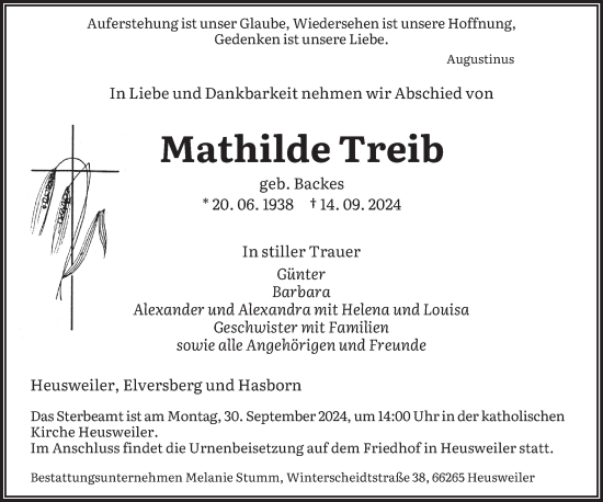 Traueranzeige von Mathilde Treib von saarbruecker_zeitung