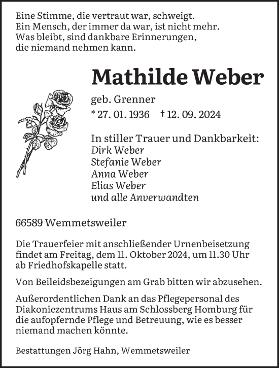 Traueranzeige von Mathilde Weber von saarbruecker_zeitung