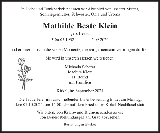 Traueranzeige von Mathilde Beate Klein von saarbruecker_zeitung