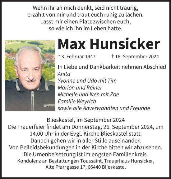 Traueranzeige von Max Hunsicker von saarbruecker_zeitung