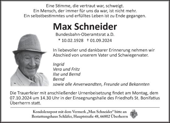 Traueranzeige von Max Schneider von saarbruecker_zeitung