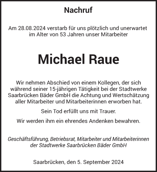 Traueranzeige von Michael Raue von saarbruecker_zeitung