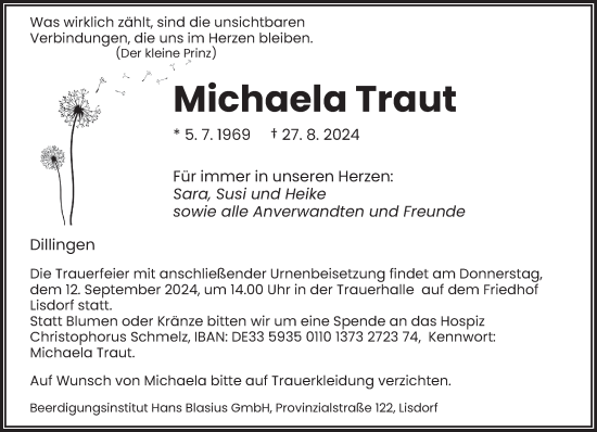 Traueranzeige von Michaela Traut von saarbruecker_zeitung