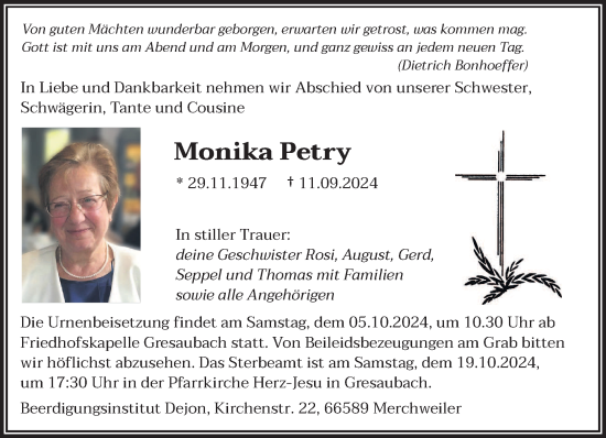 Traueranzeige von Monika Petry von saarbruecker_zeitung