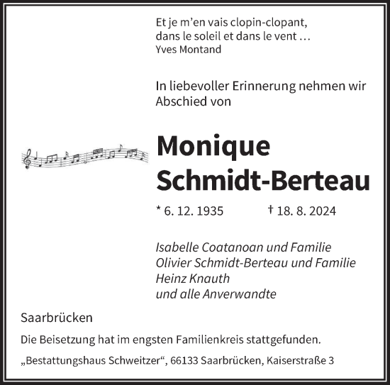 Traueranzeige von Monique Schmidt-Berteau von saarbruecker_zeitung