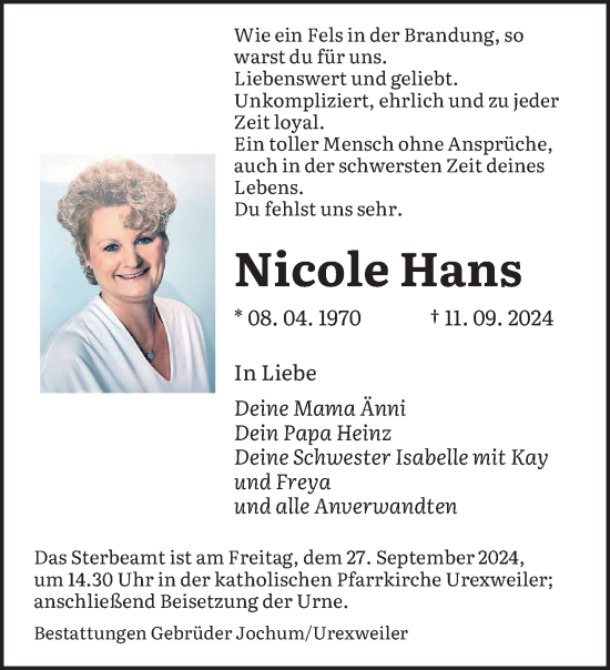 Traueranzeige von Nicole Hans von saarbruecker_zeitung