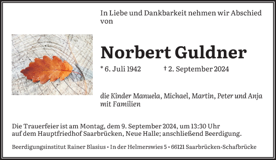 Traueranzeige von Norbert Guldner von saarbruecker_zeitung