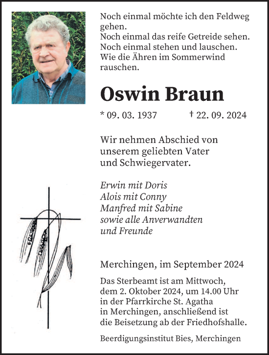 Traueranzeige von Oswin Braun von saarbruecker_zeitung