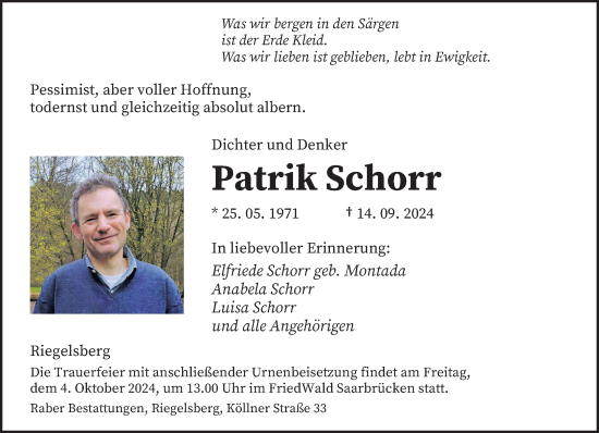 Traueranzeige von Patrik Schorr von saarbruecker_zeitung