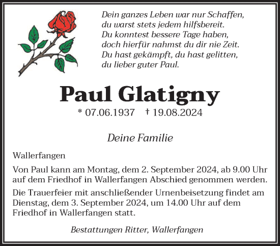 Traueranzeige von Paul Glatigny von saarbruecker_zeitung