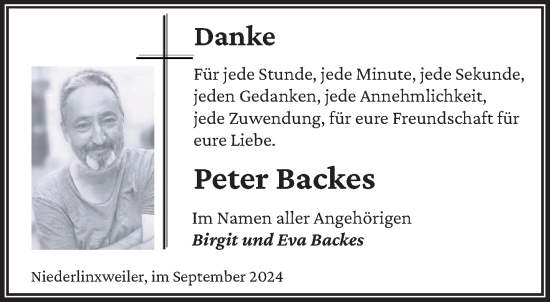 Traueranzeige von Peter Backes von saarbruecker_zeitung