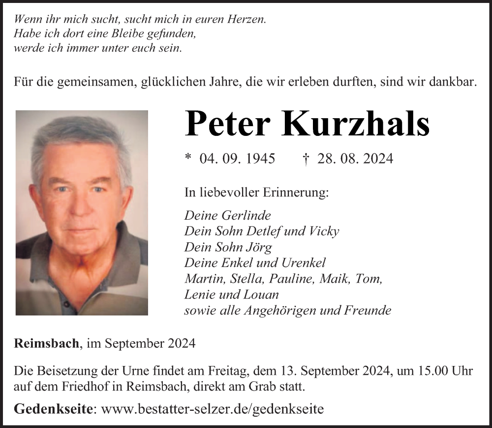  Traueranzeige für Peter Kurzhals vom 07.09.2024 aus saarbruecker_zeitung